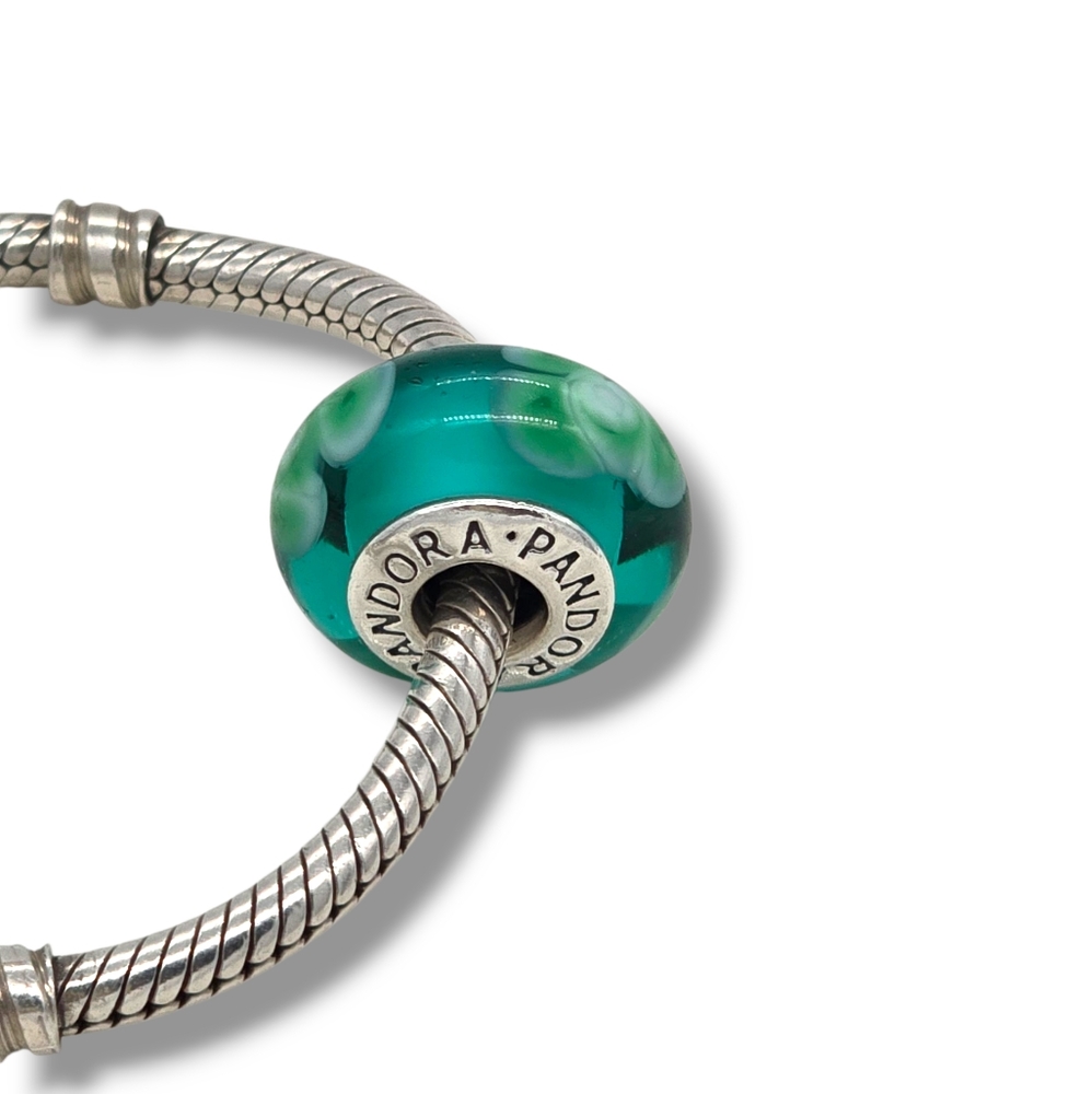 PANDORA Flowers For You Turquoise Green Murano Glass Bead Charm Retired - Picture 12 of 16